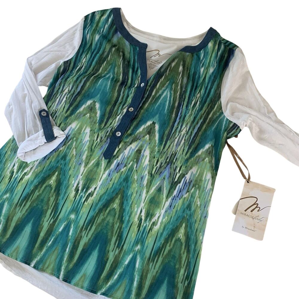 New Miraclebody by Miraclesuit Large Green Ikat Layered Shirt Shaper Tank